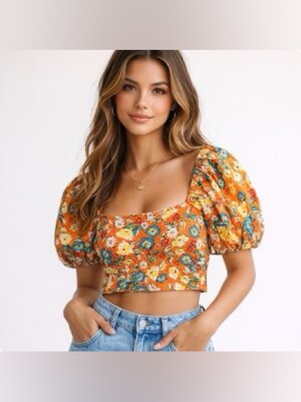 NWT Zara Floral Puff-Sleeve Floral Crop Top